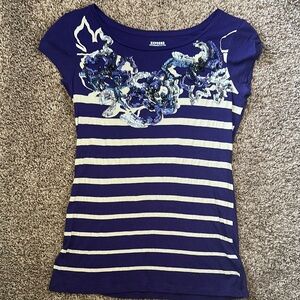 Striped Navy Blue Embellished Women's Top